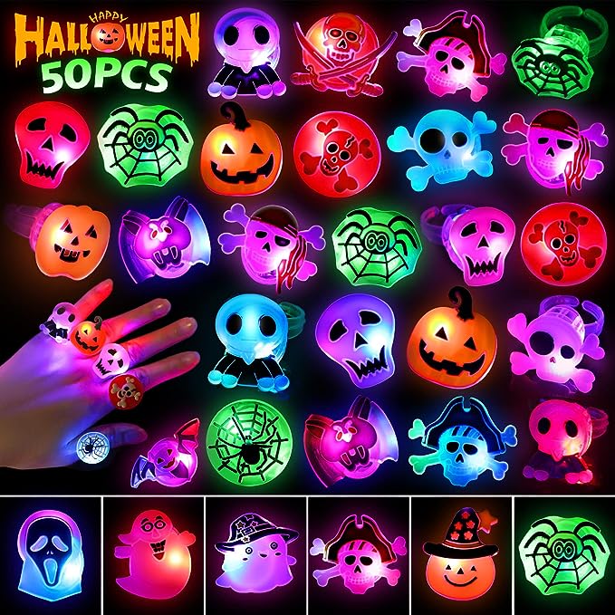 Halloween Rings for Kids 50 Pcs Halloween LED Flash Light up Rings